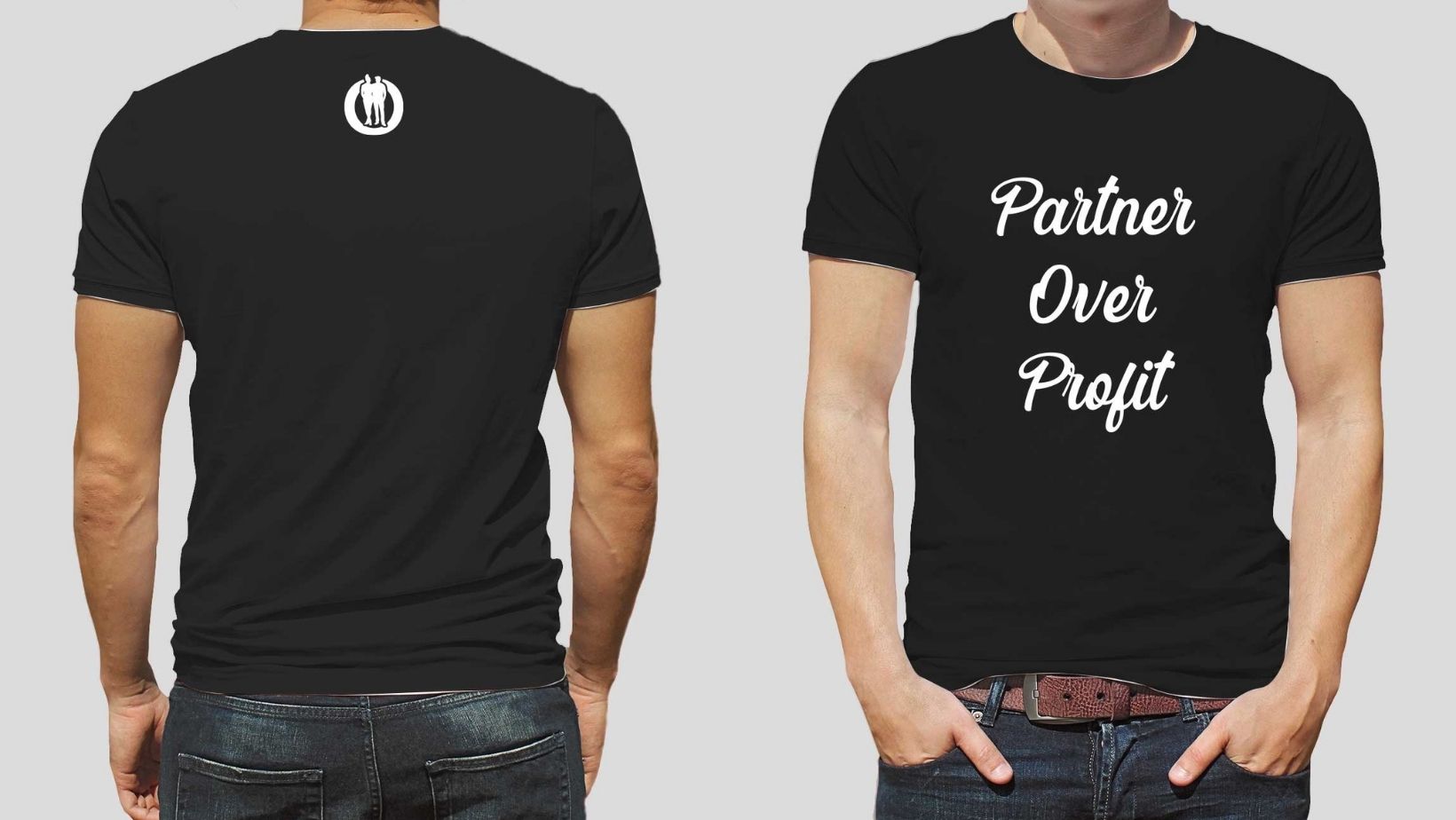 Black t-shirt with 'Partner Over Profit' text on front, brand logo on back