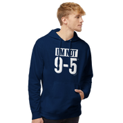 Man wearing a navy blue hoodie with text on a white background