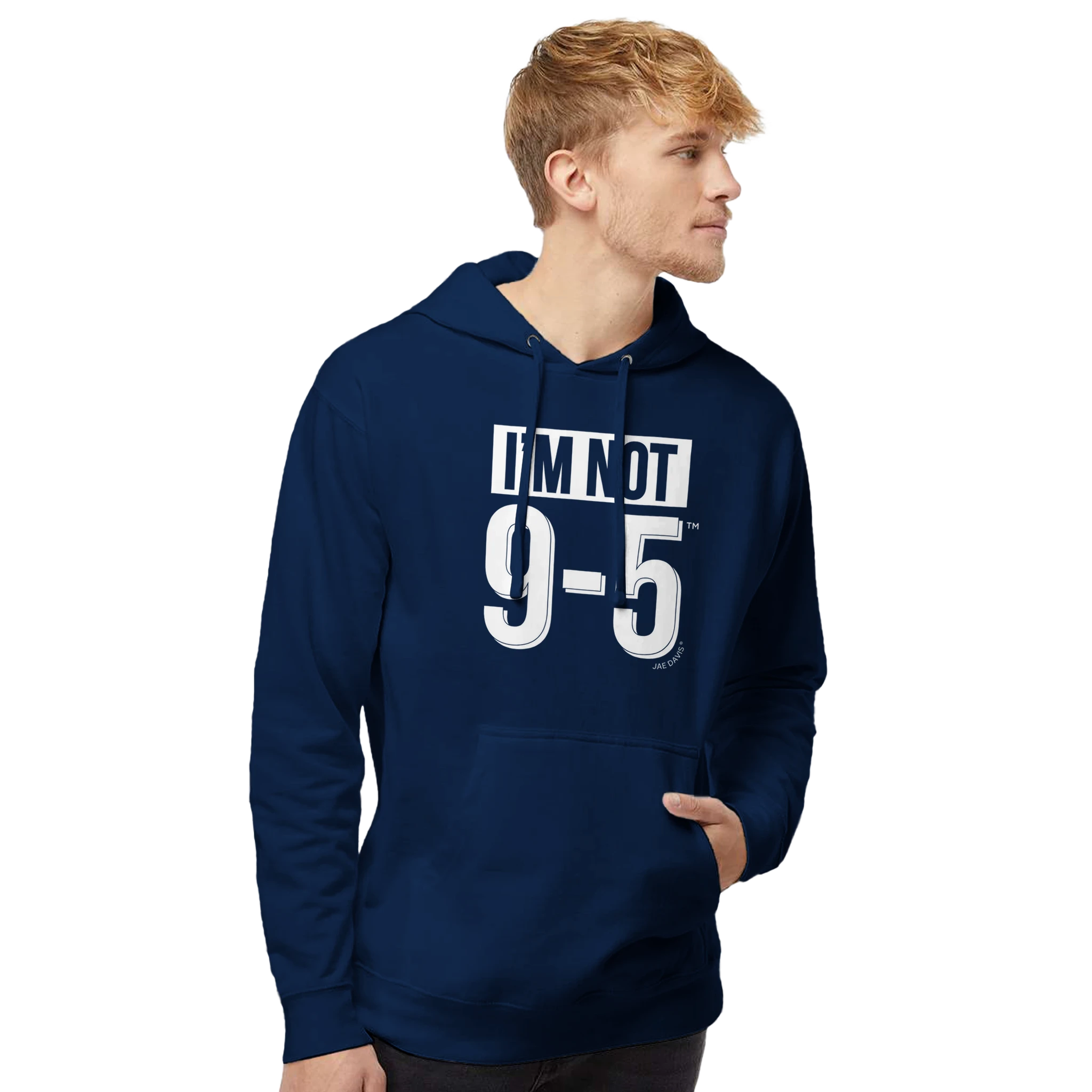 Man wearing a navy blue hoodie with text on a white background