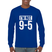 Person wearing a blue long-sleeve shirt with 'I'M NOT 9-5' text on a white background