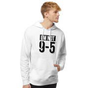 Man wearing a white hoodie with text on a white background