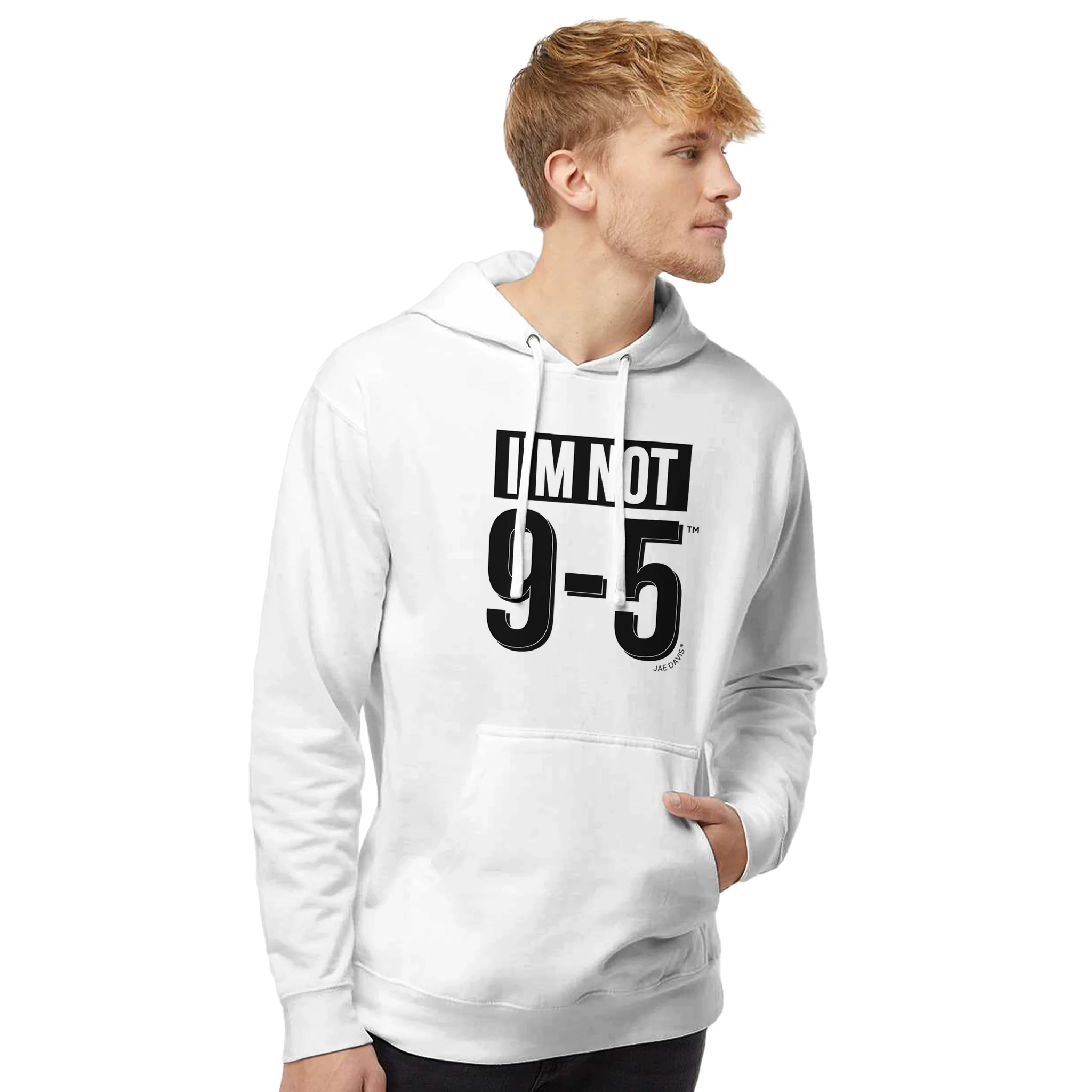 Man wearing a white hoodie with text on a white background