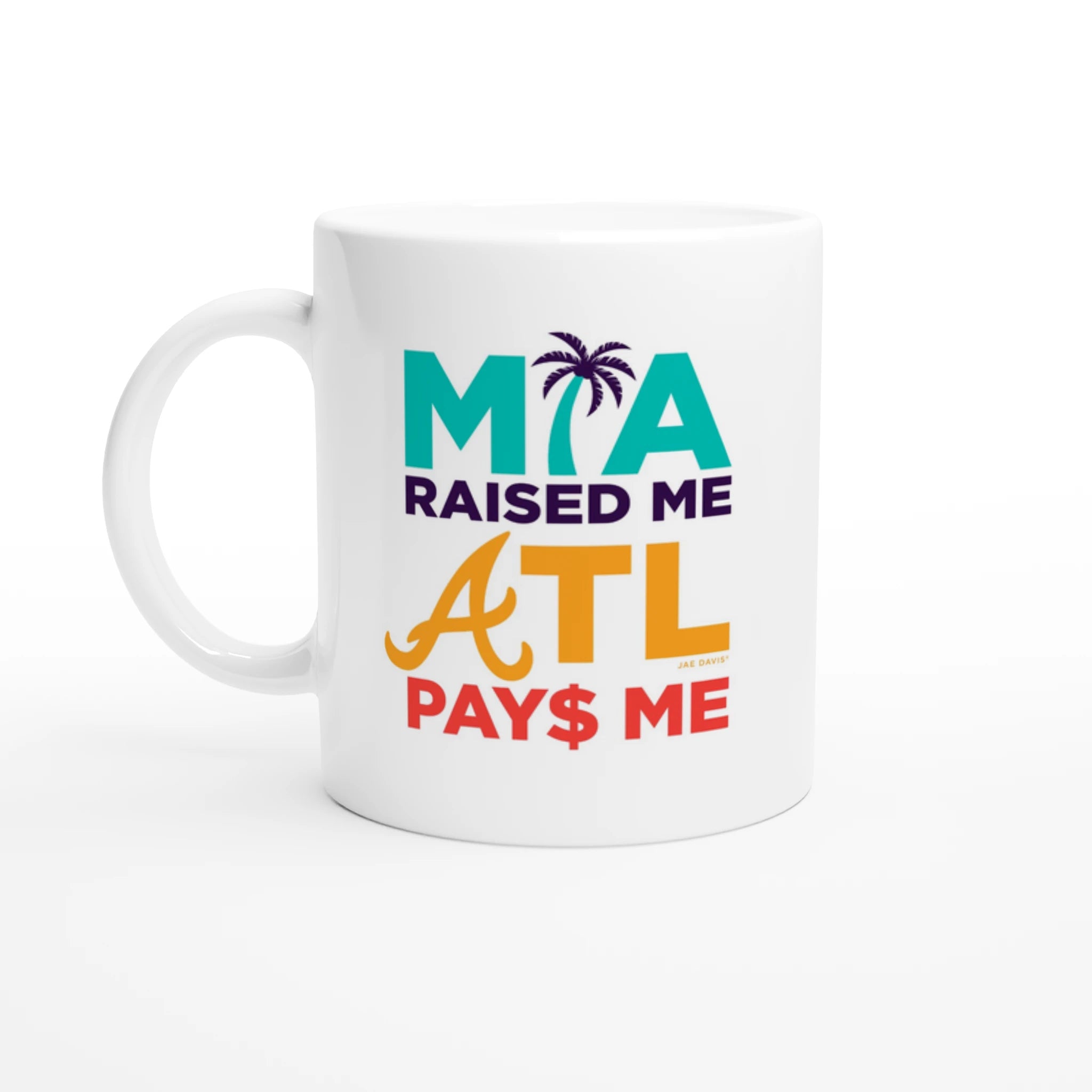 White mug with colorful text design on a white background