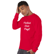 Person wearing a red sweatshirt with 'Partner Over Profit' text on a white background
