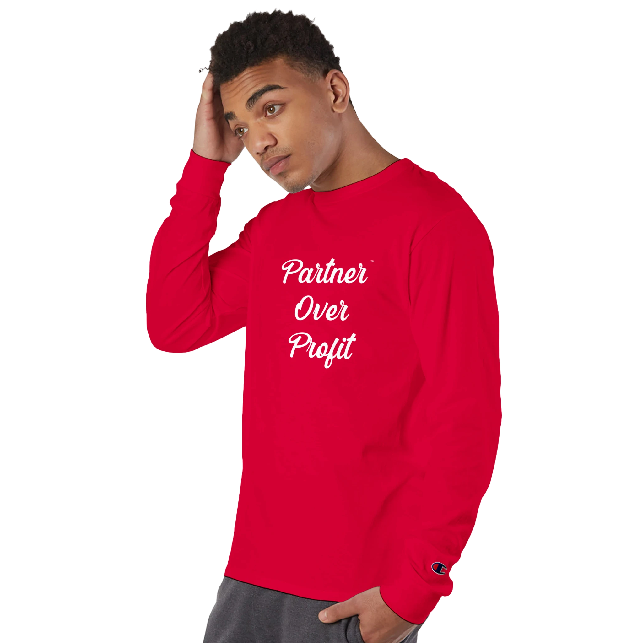 Person wearing a red sweatshirt with 'Partner Over Profit' text on a white background