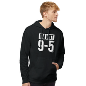 Man wearing a black hoodie with text on a white background