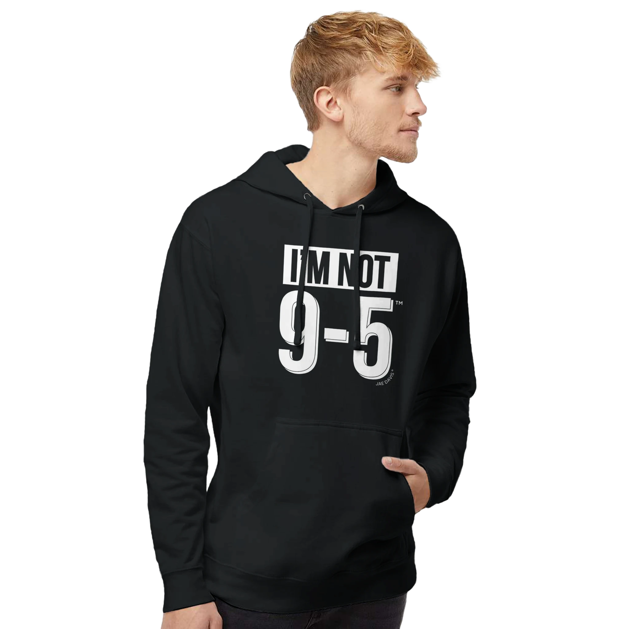 Man wearing a black hoodie with text on a white background