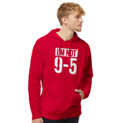 Man wearing a red hoodie with text on a white background