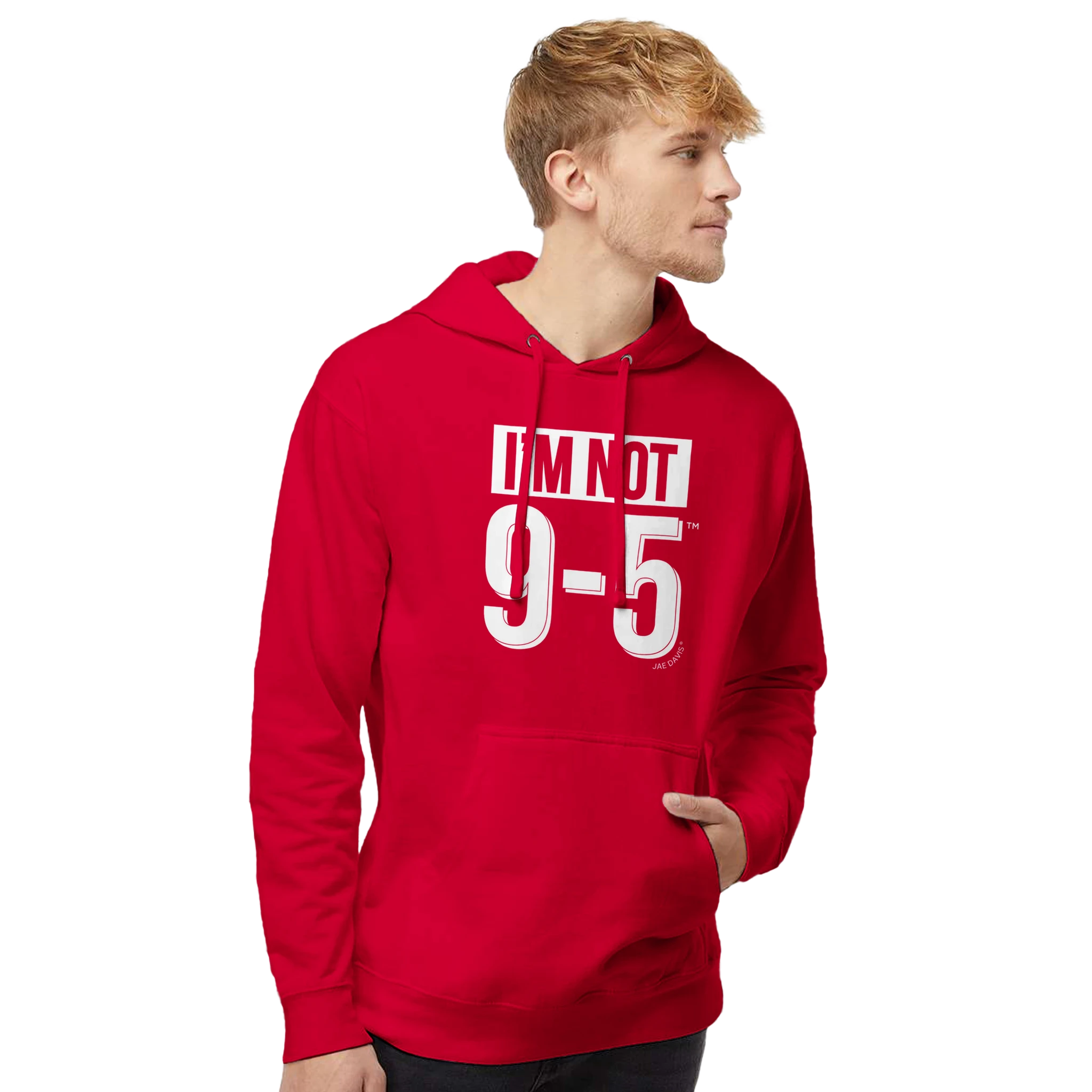 Man wearing a red hoodie with text on a white background