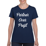 Person wearing a navy blue t-shirt with 'Partner Over Profit' text on a white background