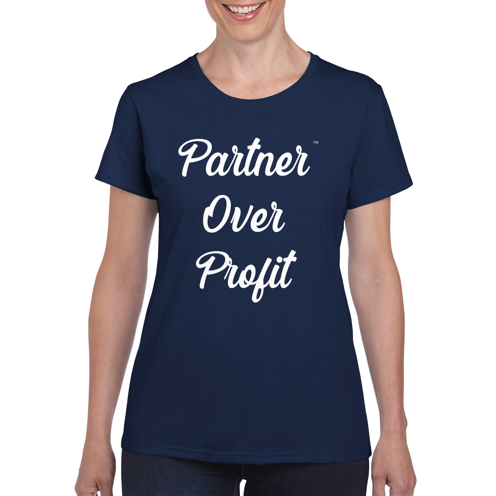 Person wearing a navy blue t-shirt with 'Partner Over Profit' text on a white background