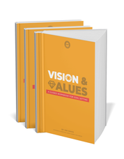 Two 'Vision & Values' workbooks with a visible brand logo on a white background