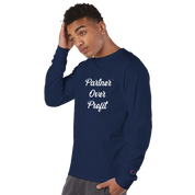 Man wearing a navy blue sweatshirt with 'Partner Over Profit' text on a white background