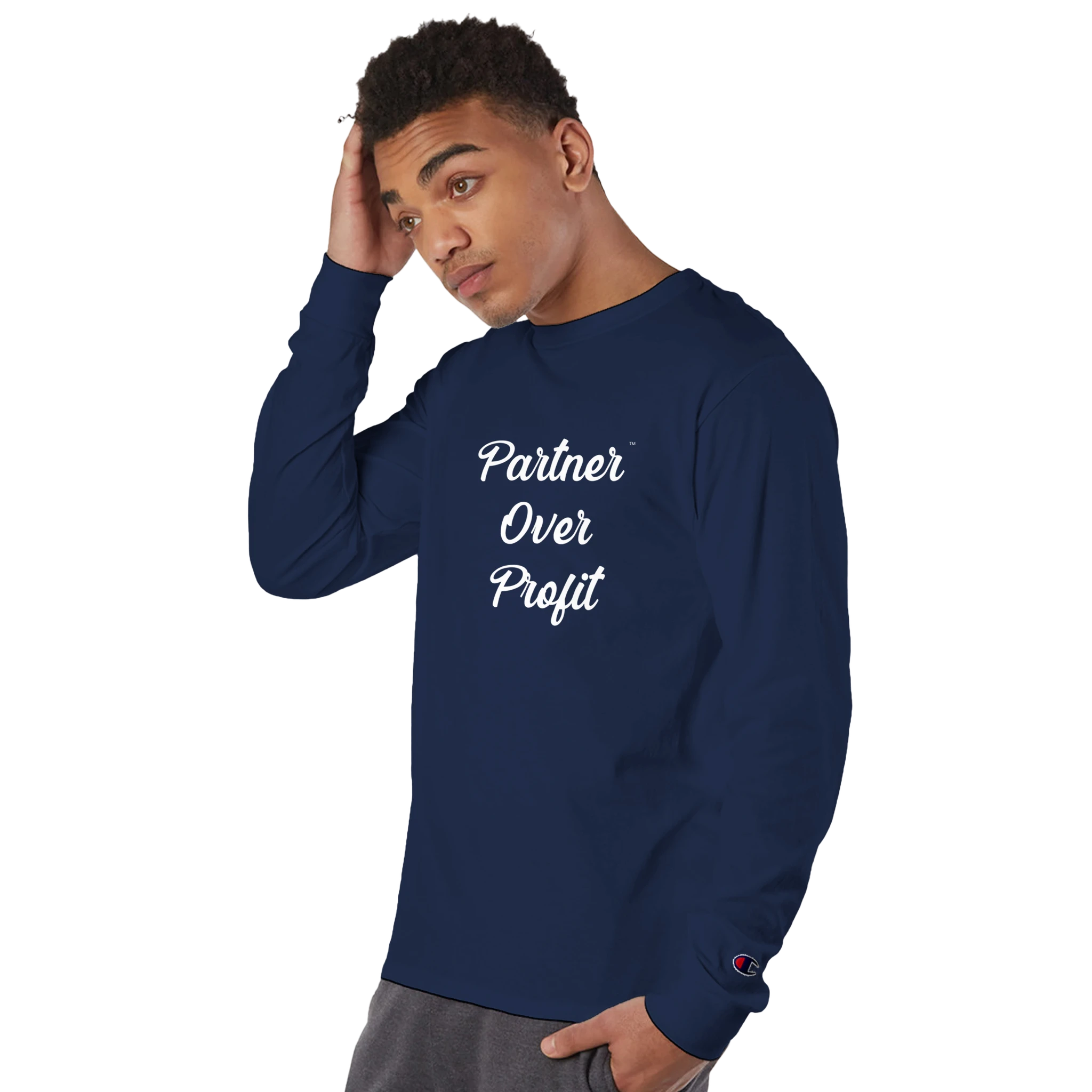 Man wearing a navy blue sweatshirt with 'Partner Over Profit' text on a white background