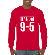 Red long-sleeve shirt with 'I'm Not 9-5' text worn by a person on a white background