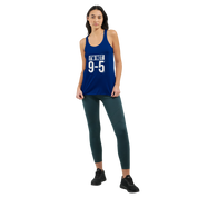 Person wearing a blue tank top with text and green leggings on a white background