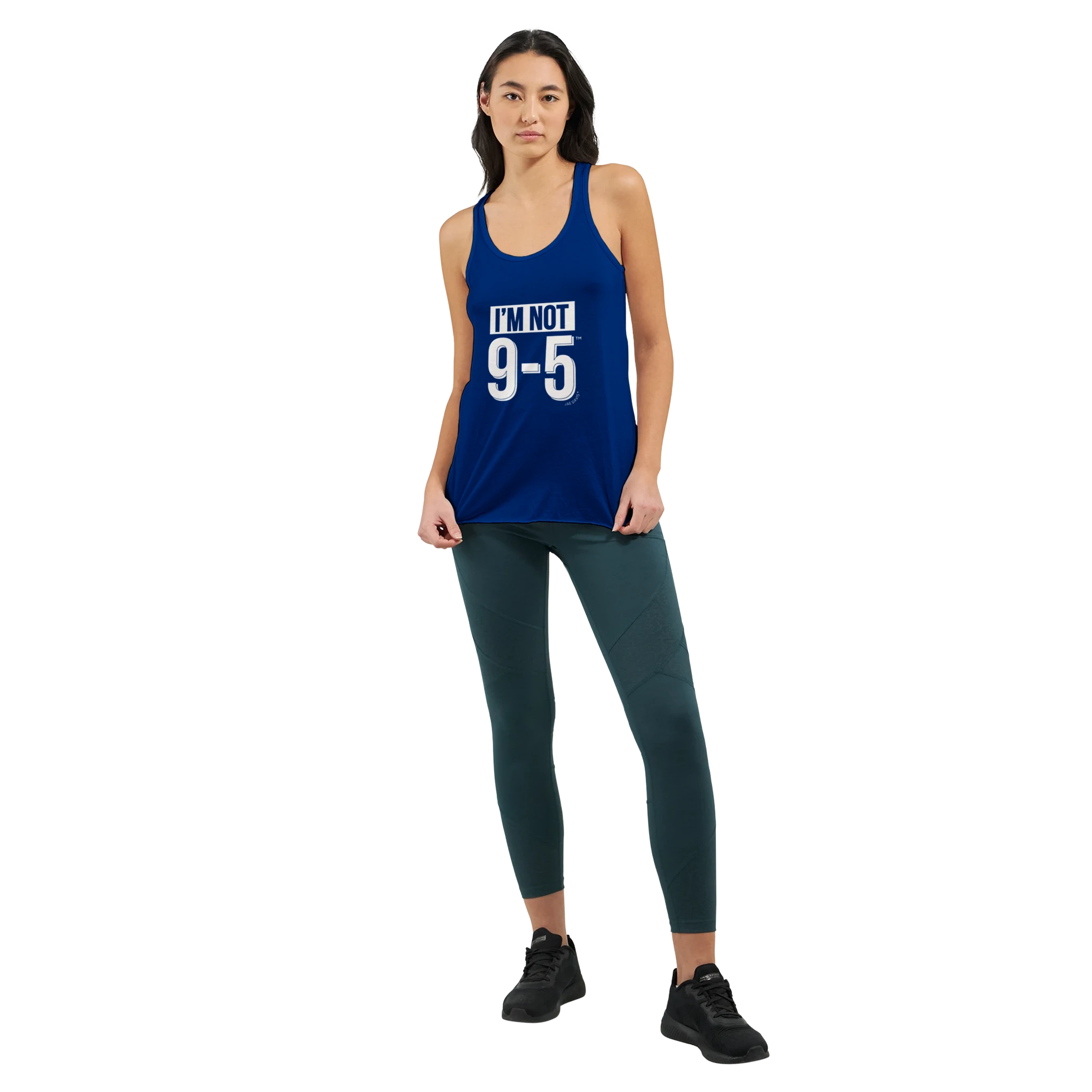 Person wearing a blue tank top with text and green leggings on a white background